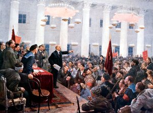 Lenin taler om deputerede for den 2. sovjetiske kongres, Smolny Palace, Skt. Petersborg, 1917 af Unbekannt
