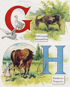 Bogstav G og H: Gode ænder, grådig ged, dristighed og Haquenee. Indgravering i "ABC L