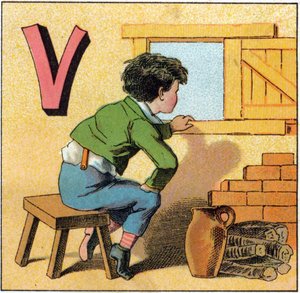 Bogstav V som vasistas. Nysgerrigt barn kigger ud af et vindue. Indgravering i "Alphabet des petits ecoliers". Billeddannelse af Epinal, ca. 1885. Privee Collection af Unbekannt