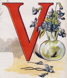 Bogstav V: vase med violer. Indgravering i "ABC L