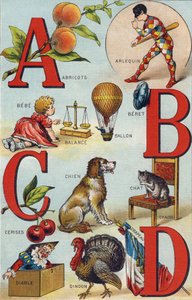 Bogstaverne A B C D; Abrikoser; Harlekin; Balance; Ballon; Bebe; Kirsebær; kat stol; Hund; Tæppe; Djævel; Kalkun; Flag. Indgravering i "Alphabet de ma petite fille". Bernardin-Bechet og Fils, boghandler-forlag, Paris, omkring 1895. Ubrydeligt album på dåse af Unbekannt