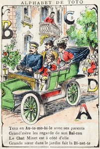 Bogstaver A B C D Bil Altan Kat Dinette. Indgravering i "Alphabet de Toto", slutningen af det 19. århundrede. Pont-a-Mousson billeddannelse. Louis Vagne, trykkeri-udgiver. 12 sider. Annoncealbum indeholdende en berømt abecedary og en forenklet læsemetode.  af Unbekannt