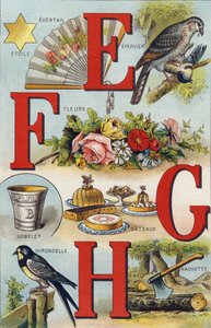 Bogstaverne E F G H; Svale; Ventilator; Blomster; Kager; Kop; Hachette; Svale. Indgravering i "Alphabet de ma petite fille". Bernardin-Bechet og Fils, boghandler-forlag, Paris, omkring 1895. Ubrydeligt album på lærred. Bibliotheque des Bebes. 12 sider. Alb af Unbekannt