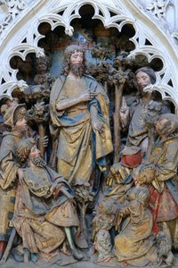 Johannes Døberens liv: ""St. Johannes Døberen viser Guds ring."" Højrelief af den nordlige ende af Nordkoret (1531). Amiens-katedralen, Amiens, Frankrig af Unbekannt