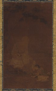 Lohan siddende, en ledsager knælende foran ham, Yuan eller Ming-dynastiet, 1279-1644. af Unbekannt