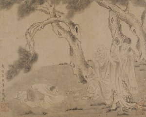 Luohan, tjener og tilbeder under fyrretræer, Yuan- eller Ming-dynastiet, 1279-1644. af Unbekannt