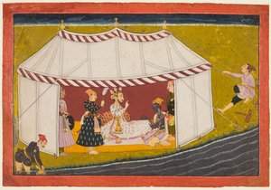 Madhava i et telt foran en lineal, fra en Madhavanala Kamakandala-serie, ca. 1700. af Unbekannt