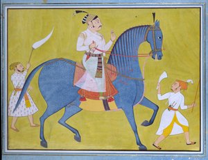 Maharaja Pratap Singh fra Sawar rider, med to ledsagere til fods, c1700 af Unbekannt