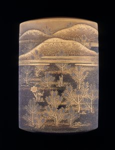 Makie lak inro dekoreret med stiliserede fyrretræer og bakker, sen Edo periode, Japan, 1750-1850 af Unbekannt