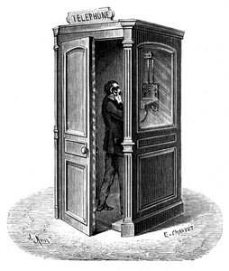 Foretage et opkald fra en telefonboks, 1888 af Unbekannt