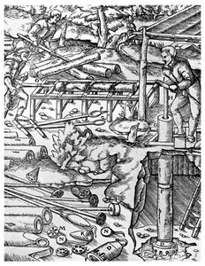 Fremstilling og brug af elmetræspumper til at dræne miner før dampmaskinens dage, 1556 1956 af Unbekannt