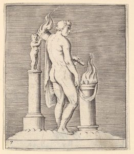 Mand med fakkel mellem flammende alter og statuette, udgivet ca. 1599-1622. af Unbekannt