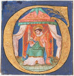 Manuskriptbelysning med Sankt Trudo Trond i et indledende O, fra en korbog, 1400-tallet. af Unbekannt