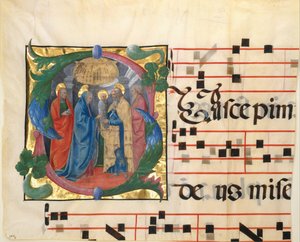 Manuskriptbelysning med præsentationen i templet i et indledende S, fra en Gradual, 1450-60. af Unbekannt