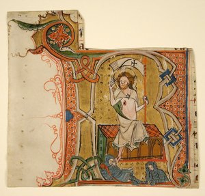 Manuskriptblad, der viser et oplyst initial R med Opstandelsen, slutningen af det 13. århundrede. af Unbekannt