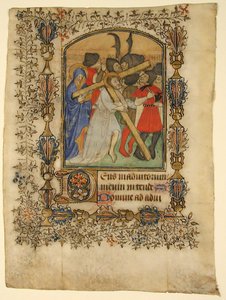 Manuskriptblad fra en timebog... Belyst initial D og Kristus der bærer korset, 1390-140 af Unbekannt