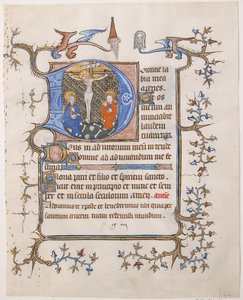 Manuskriptblad med korsfæstelsen i indledende D, fra en Timebog, ca. 1350. af Unbekannt