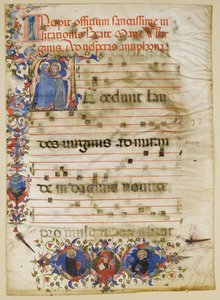 Manuskriptblad med visitationen i en initial A og kardinal Adam Easton..., italiensk, ca. 1400. af Unbekannt