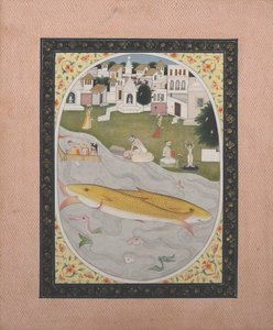 Manuskriptmaleri med hinduistisk tantrisk scene, der forestiller to fisk, 1800-1820. af Unbekannt