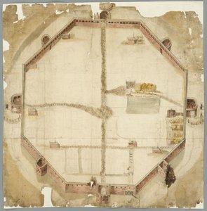 Kort fra 1530, der viser de planlagte, men aldrig udførte mure i Haag, Holland af Unbekannt