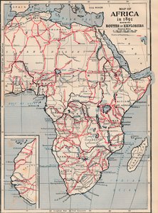 Kort over Afrika i 1891, der viser opdagelsesrejsendes ruter af Unbekannt