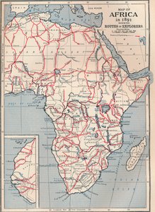 Kort over Afrika i 1891, der viser opdagelsesrejsendes ruter, 1906 af Unbekannt