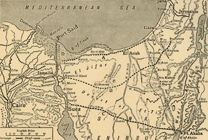 Kort over det tyrkiske angreb på Suez-kanalen, Egypten, Første Verdenskrig, 1915, c1920. af Unbekannt