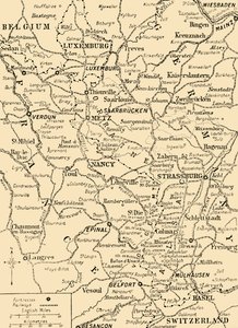 Kort, der viser grænsen mellem Frankrig og Tyskland, Første Verdenskrig, c1915, c1920. af Unbekannt