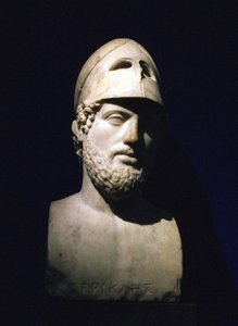 Marmorportrætbuste af Perikles (Pericles) athensk statsmand (c490-429 f.Kr.). Romersk 2. århundrede f.Kr. (skulptur, der siges at være fra Hadrians villa i Tivoli, Lazio, Italien) af Unbekannt