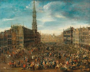 Markedsscene på Grand Place i Bruxelles, ca. 1670. af Unbekannt