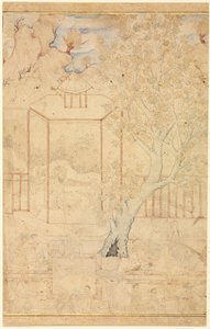 Mester og discipel i en havepavillon, illustration på én side, ca. 1570-1590