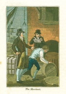 Købmand og hans ekspedient ved kajen tjekker varer på et lager, 1823 af Unbekannt