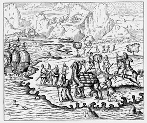 Købmænd, der transporterer varer til kysten og et ventende fartøj med kamel, 1575 af Unbekannt