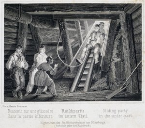 Saltmine: Besøgende glider ned ad en rutsjebane, der fører under jorden, i Durrnburg, Østrig af Unbekannt