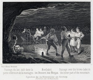 Salzmine: Überquerung des Salzsees im Inneren des Berges, ca. 1850, in Dürnberg, Österreich von Unbekannt