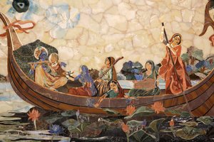 Mosaik, der forestiller den hinduistiske gud Krishna med gopis i en båd. Indien af Unbekannt