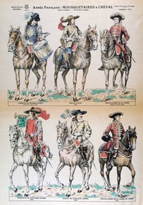 Mousquetaires a Cheval 17th Century. franske hæruniformer. Farvelitografi. Privat samling af Unbekannt