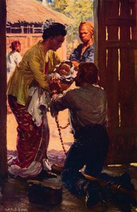 Mrs. Judson tager sit barn til sin lænkede mand, c1912 af Unbekannt