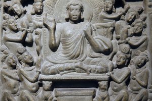 Indiens nationalmuseum, Delhi. Ayaga-frise, der skildrer scener fra Buddhas liv og fra Jakatas. Ikshvaku, 3. århundrede e.Kr. Nagarjunakonda, Andhra Pradesh. Grålig kalksten. Detalje. Indien. af Unbekannt