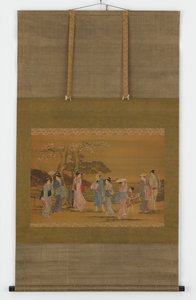 Ni mennesker ude for at se Cherry Blossoms, Edo Period, 1615-1868. af Unbekannt