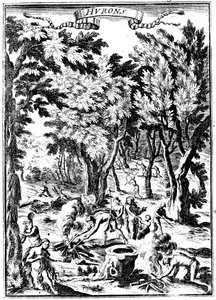 Nordamerikanske Huron-indianere på jagt og tilberedning af mad i skov, 1686 af Unbekannt
