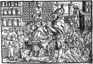 Operation på en mands hoved. Fra: Den store sårmedicin af Theophrastus Bombastus von Hohenheim, 1562 af Unbekannt