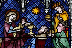 Vor Frue af Strasbourg-katedralen. Glasmosaik vindue. Fødselen. Tilbedelse af Magi. 14. århundrede. Strasbourg. Frankrig. af Unbekannt