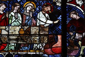 Vor Frue af Strasbourg-katedralen. Glasmosaik vindue. Forvandlingen af vand til vin ved brylluppet i Cana. 14. århundrede. Strasbourg. Frankrig. af Unbekannt