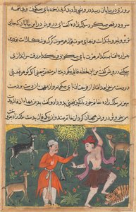 Side fra Tales of a Parrot Tuti-nama: Attende nat: Prinsen møder..., ca. 1560. af Unbekannt