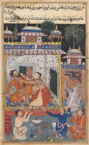 Side fra Tales of a Parrot Tuti-nama: Ottende nat: Den bedrageriske kone overfalder, ca. 1560. af Unbekannt