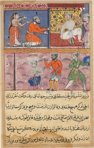 Side fra Tales of a Parrot Tuti-nama: Ottende nat: Prinsen sendt tilbage til stedet..., ca. 1560 af Unbekannt