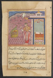 Side fra Tales of a Papegøje Tuti-nama: Fjerdeogfyrre nat: Papegøjen taler til..., ca. 1560. af Unbekannt