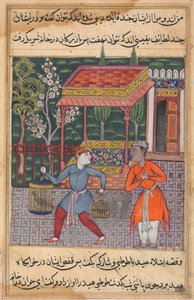 Side fra Tales of a Parrot Tuti-nama: Toogfyrre nat: Købmanden fra Tirmiz..., ca. 1560. af Unbekannt