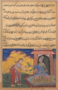 Side fra Tales of a Parrot Tuti-nama: Tiende nat: vesirens kone sender magien..., ca. 1560. af Unbekannt